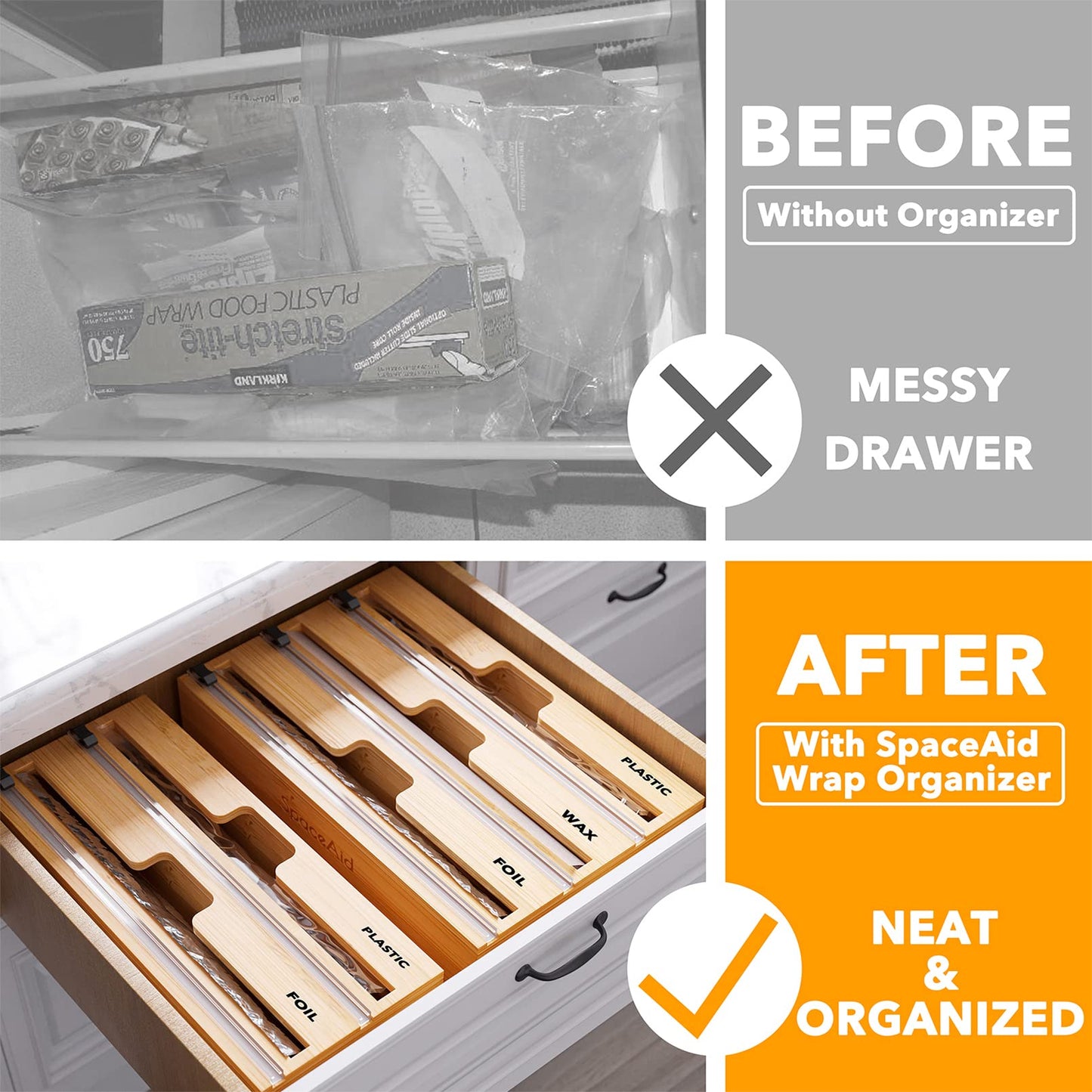 Wrap Organizer with Cutter and Labels, Plastic Wrap, Aluminum Foil and Wax Bamboo Dispenser for Kitchen Storage Organization Holder