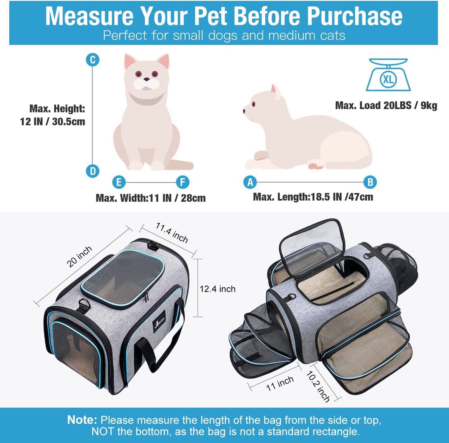 4 Sides Expandable Cat Carrier Bag with Removable Fleece Pad, Large Soft Sided Pet Travel Carrier, Dog Carrier for Cats, Puppy and Small Dogs