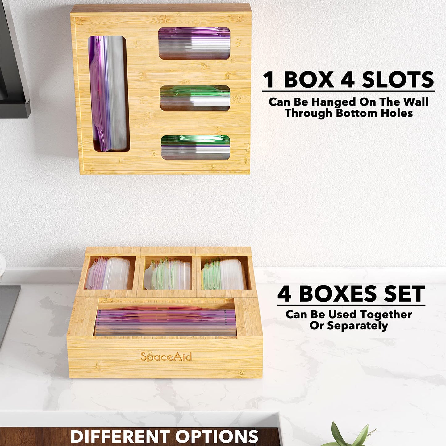 Bag Storage Organizer for Kitchen Drawer, Bamboo Organizer (1 Box 4 Slots)