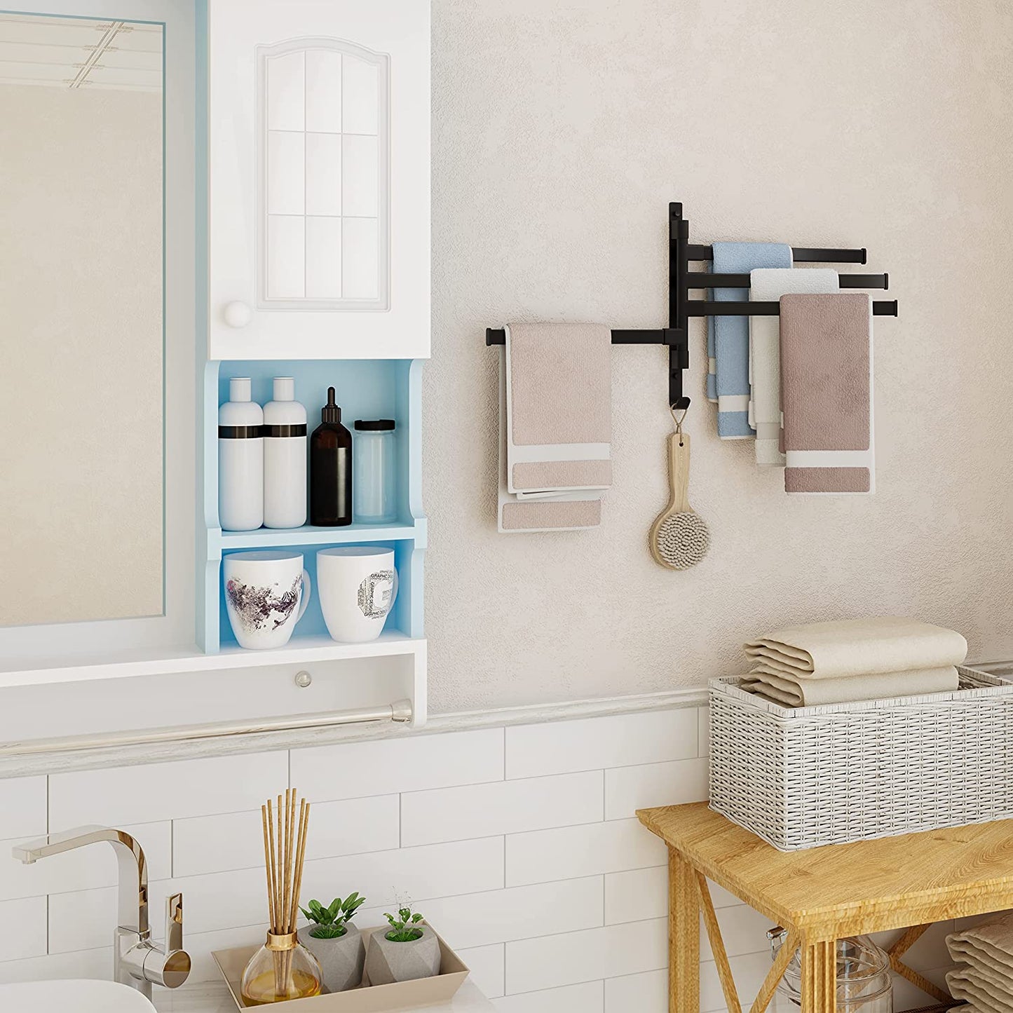 Wall Mounted Towel Bar for Bathroom,4-Arms Towel Rack with Hook