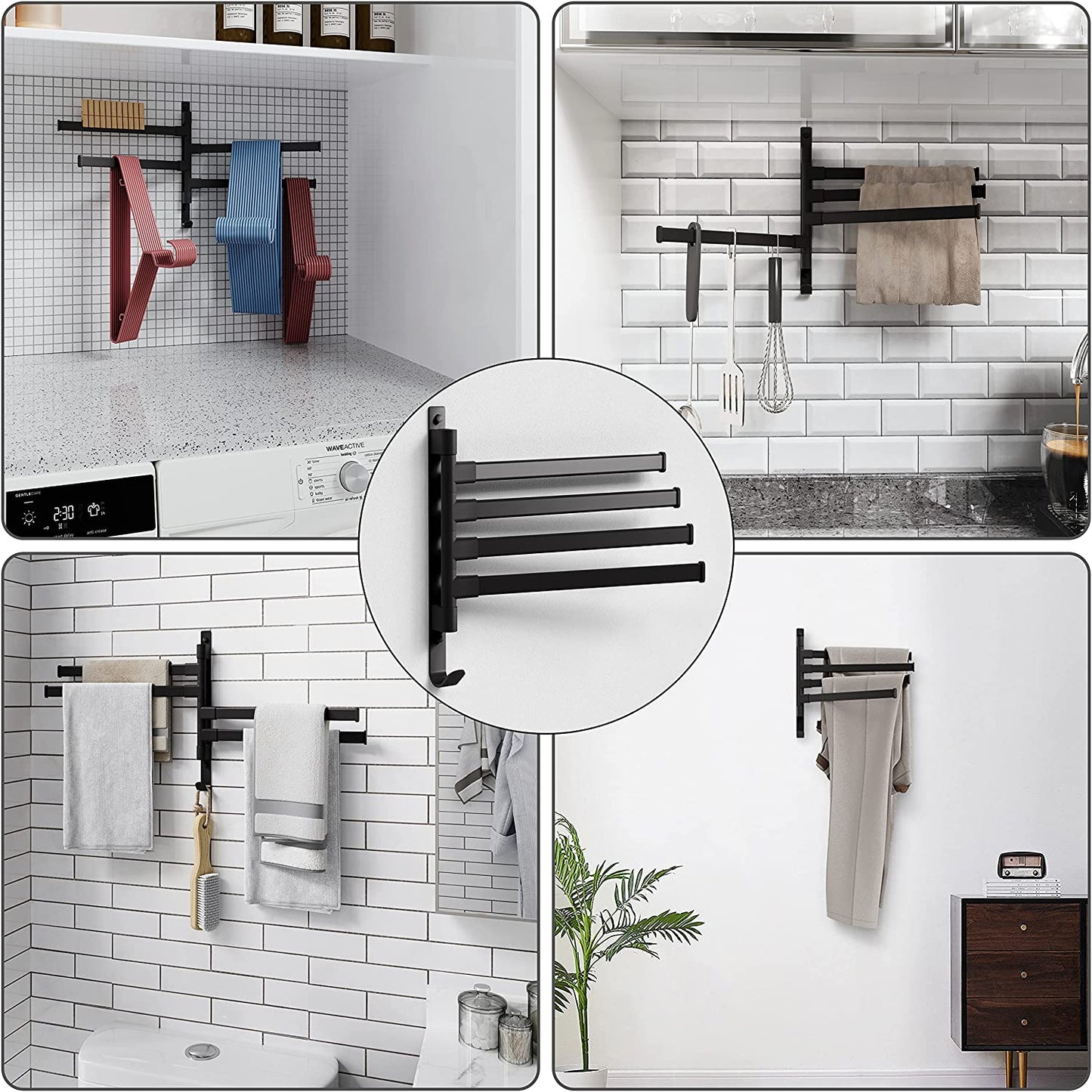 Wall Mounted Towel Bar for Bathroom,4-Arms Towel Rack with Hook